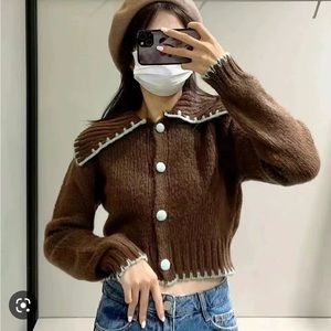 Zara Contrast Topstitching Knit Cardigan